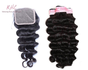 9A LOOSE DEEP WAVE HAIR 3pcs lot + 5x5 Closure = Bundle Deal 100% UNPROCESSED VIRGIN HUMAN HAIR  HD lace Closure