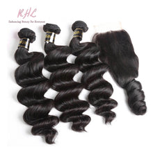 Load image into Gallery viewer, 10A LOOSE WAVE HAIR 3pcs lot + 4x4 Closure = Bundle Deal 100% UNPROCESSED VIRGIN HUMAN HAIR Transparent lace / HD lace
