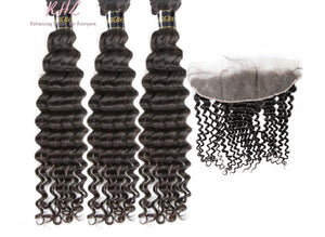 10A DEEP WAVE HAIR 3pcs lot + 13x4 or 13x6 Frontal = Bundle Deal 100% UNPROCESSED VIRGIN HUMAN HAIR Transparent lace / HD lace