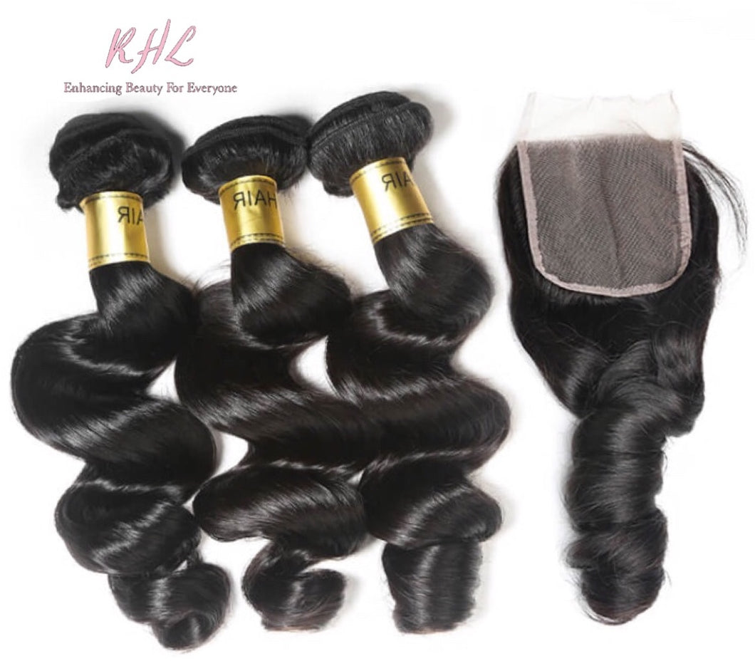 12A LOOSE WAVE HAIR 3pcs lot + 5x5 Closure = Bundle Deal 100% UNPROCESSED VIRGIN HUMAN HAIR  HD lace Closure