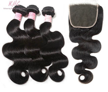 Load image into Gallery viewer, 9A BODY WAVE HAIR 3pcs lot + 5x5 Closure = Bundle Deal 100% UNPROCESSED VIRGIN HUMAN HAIR  HD lace Closure
