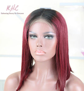 13x4 CUSTOM COLOUR  OMBRÉ 1B/RED 8A Grade 100% UNPROCESSED VIRGIN HUMAN HAIR STRAIGHT Wig SHORT BOB