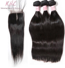 Load image into Gallery viewer, 9A STRAIGHT HAIR 3pcs lot + 4x4 Closure = Bundle Deal 100% UNPROCESSED VIRGIN HUMAN HAIR Transparent lace / HD lace
