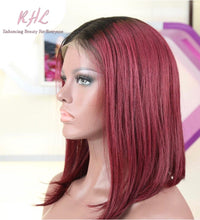 Load image into Gallery viewer, 13x4 CUSTOM COLOUR  OMBRÉ 1B/RED 8A Grade 100% UNPROCESSED VIRGIN HUMAN HAIR STRAIGHT Wig SHORT BOB
