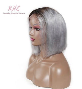 13x4 CUSTOM COLOUR  OMBRÉ 1B/GREY 8A Grade 100% UNPROCESSED VIRGIN HUMAN HAIR STRAIGHT Wig SHORT BOB